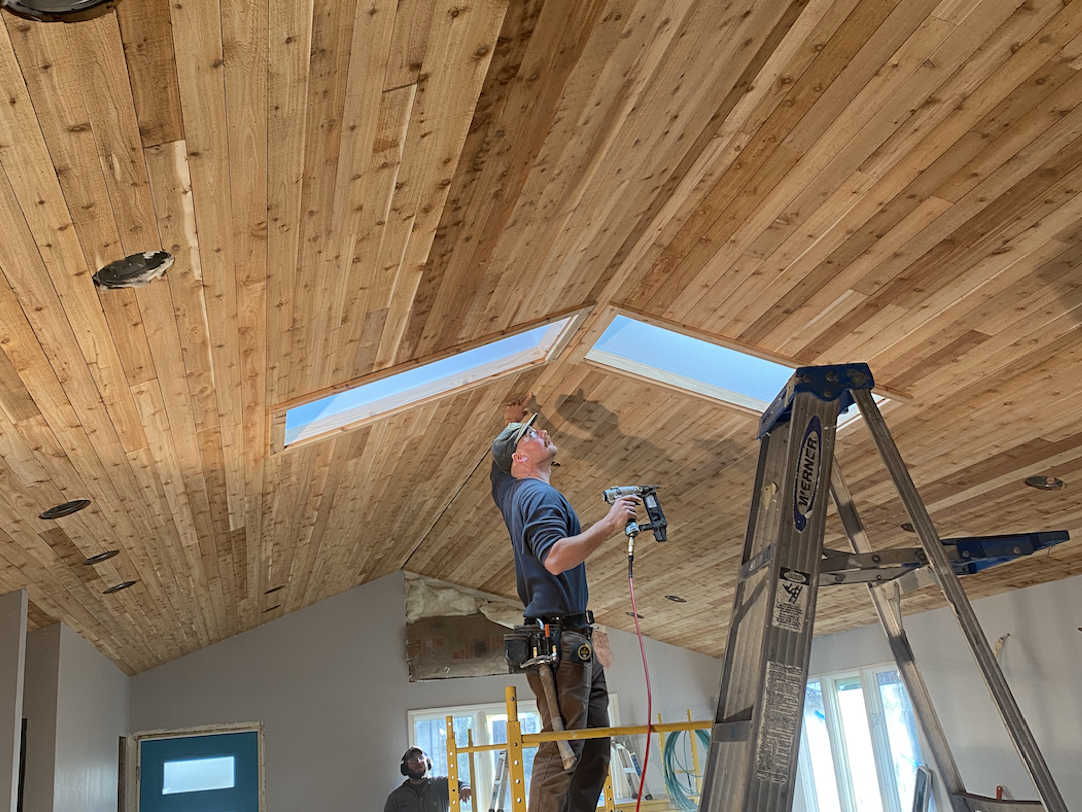 Custom cedar ceiling finish — Rockin' K General Contracting craftsmanship in Bend, OR